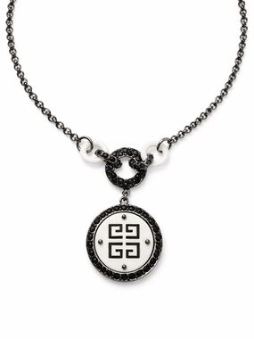 Givenchy Logo Pendant Necklace Black White Crystal Statement Chain